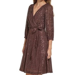 New DKNY Stretch Sequin Faux Wrap Tie Detail V-Neck Long Sleeve Dress